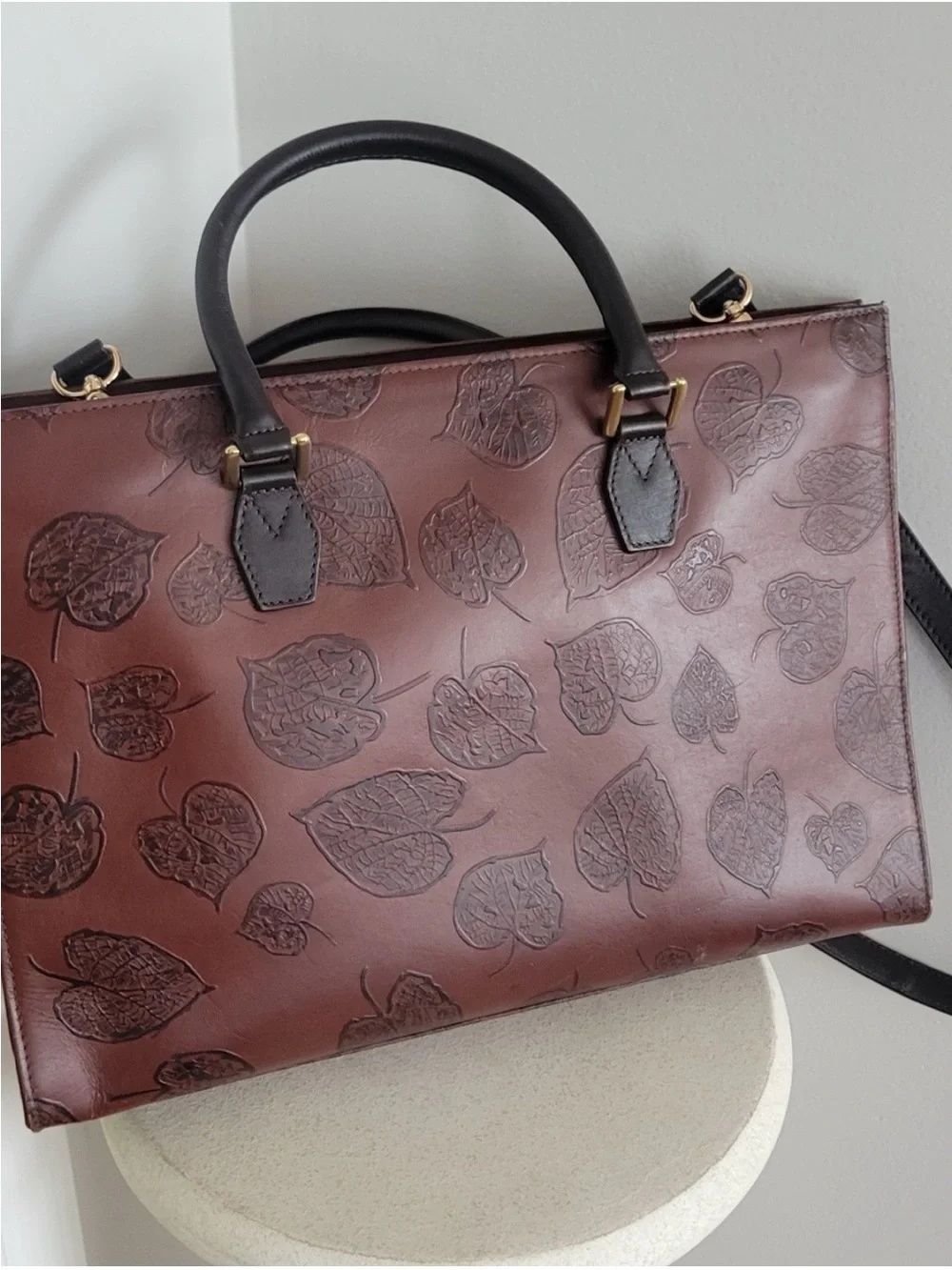 Scully Elegant Brown Leaf-Embossed Leather Tote - Black Handles